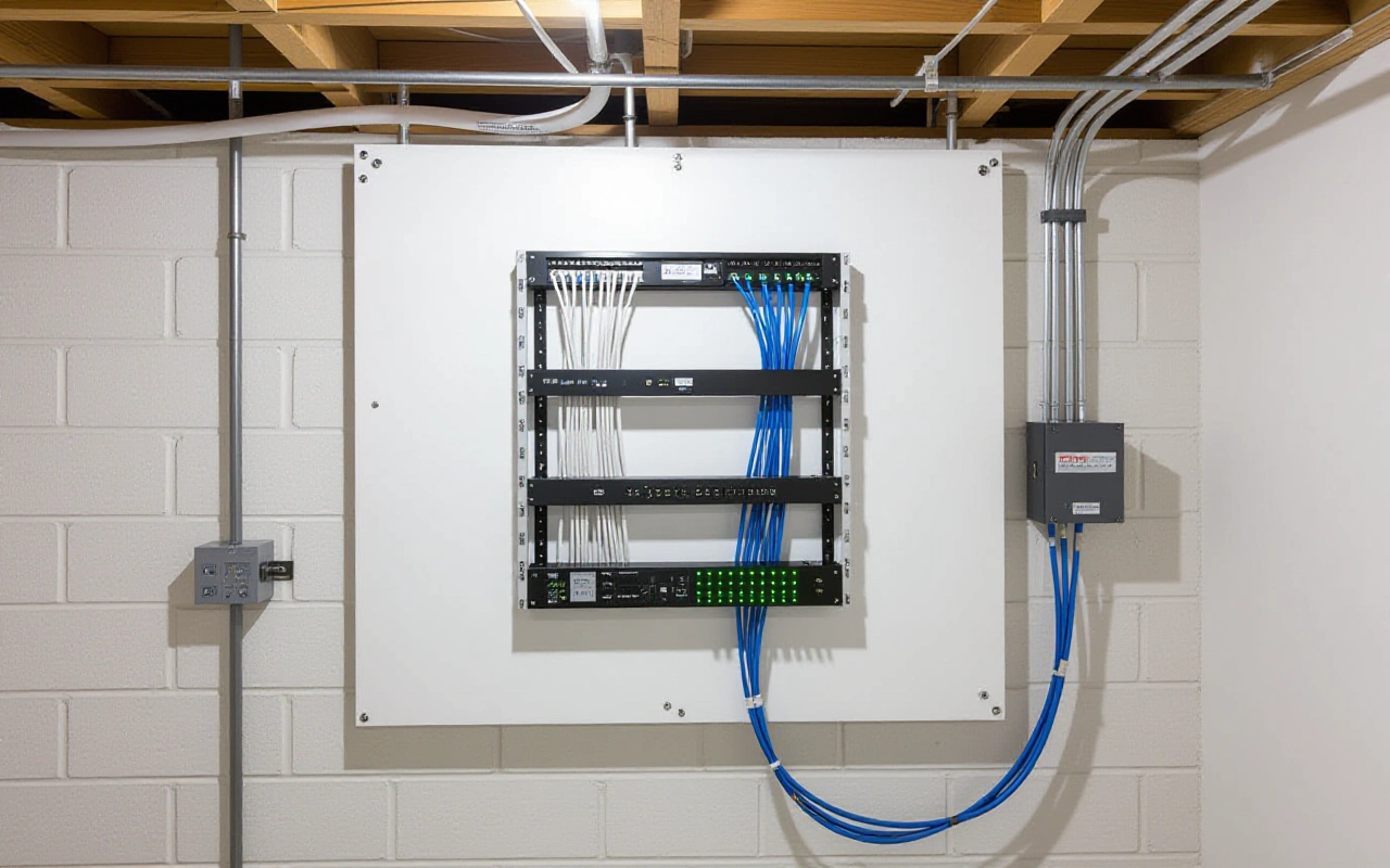 Basement utility wall with an open structured media panel, terminated cables, a small switch and a fiber box