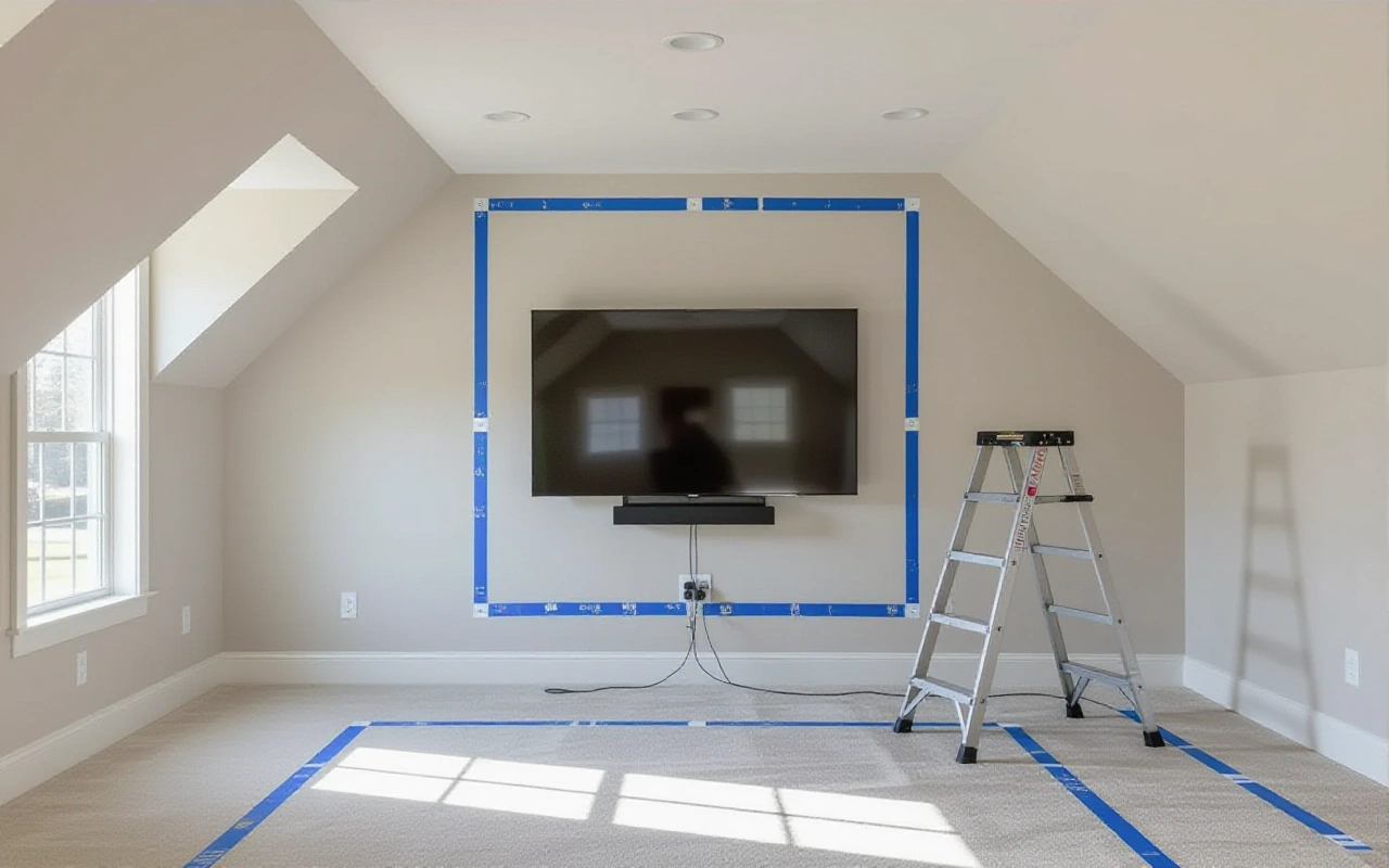 Bonus room with blue painter’s tape marking out the TV wall and the seating area, the TV newly hung