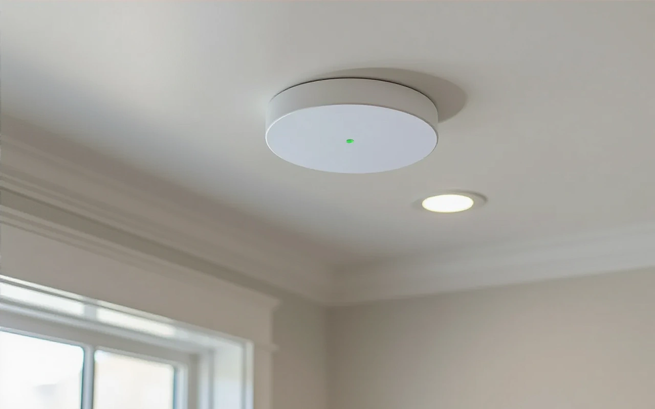Round white Wi-Fi access point with a green status light on a white ceiling near a recessed light