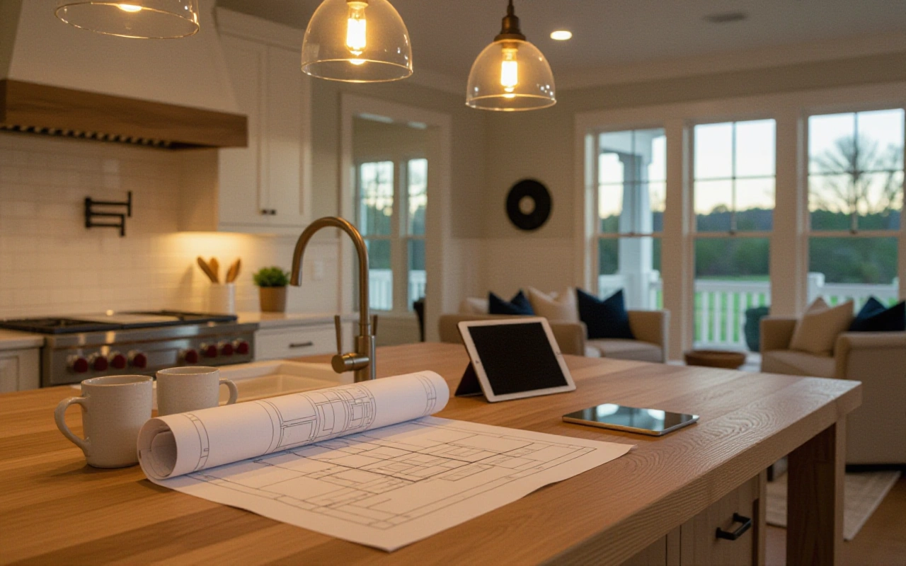 Kitchen island with a rolled-out floor plan, a wall keypad sample and a speaker grille sample under evening pendant lights