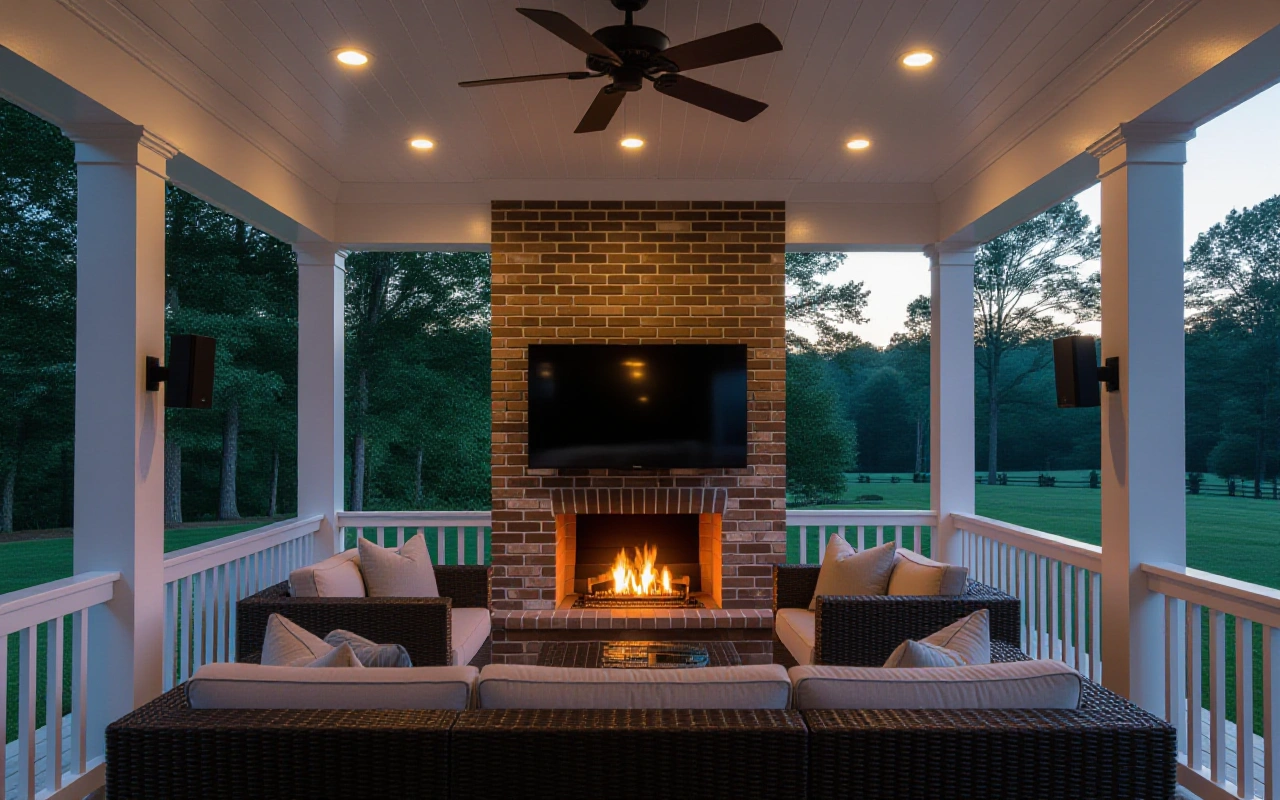 Covered porch at dusk with a TV over a brick fireplace and two black outdoor speakers mounted on the porch posts