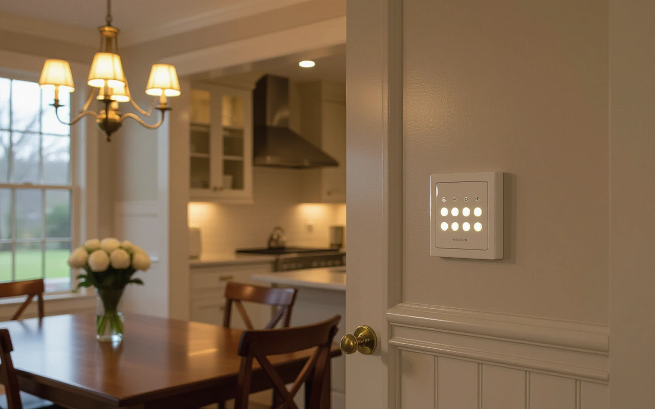 Dining room in the evening with a dimmed chandelier, the kitchen beyond and a softly lit wall keypad by the doorway
