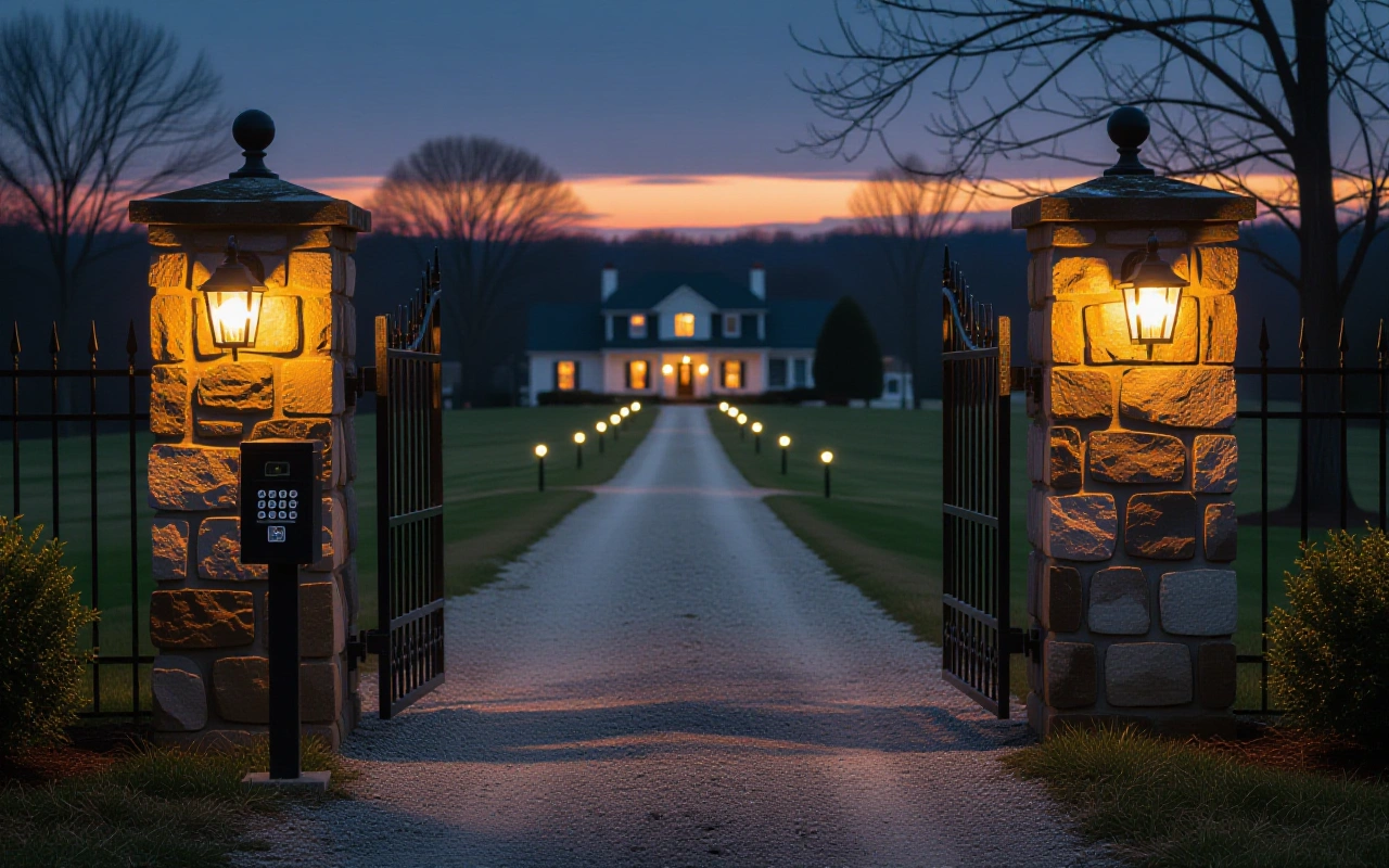 Keypad call box on a post beside an open iron driveway gate between stone pillars at dusk