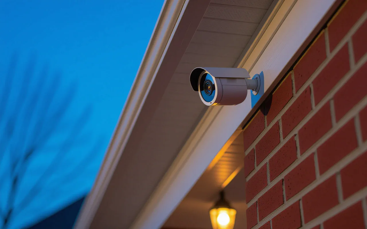 White bullet security camera under the eave at the corner of a brick house at dusk, aimed down at the driveway
