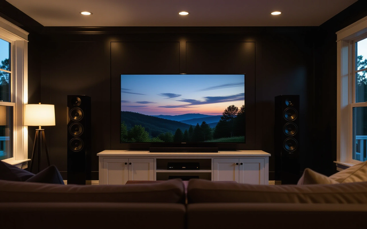 Media room at dusk with a large wall-mounted TV between two floor-standing speakers above a white console