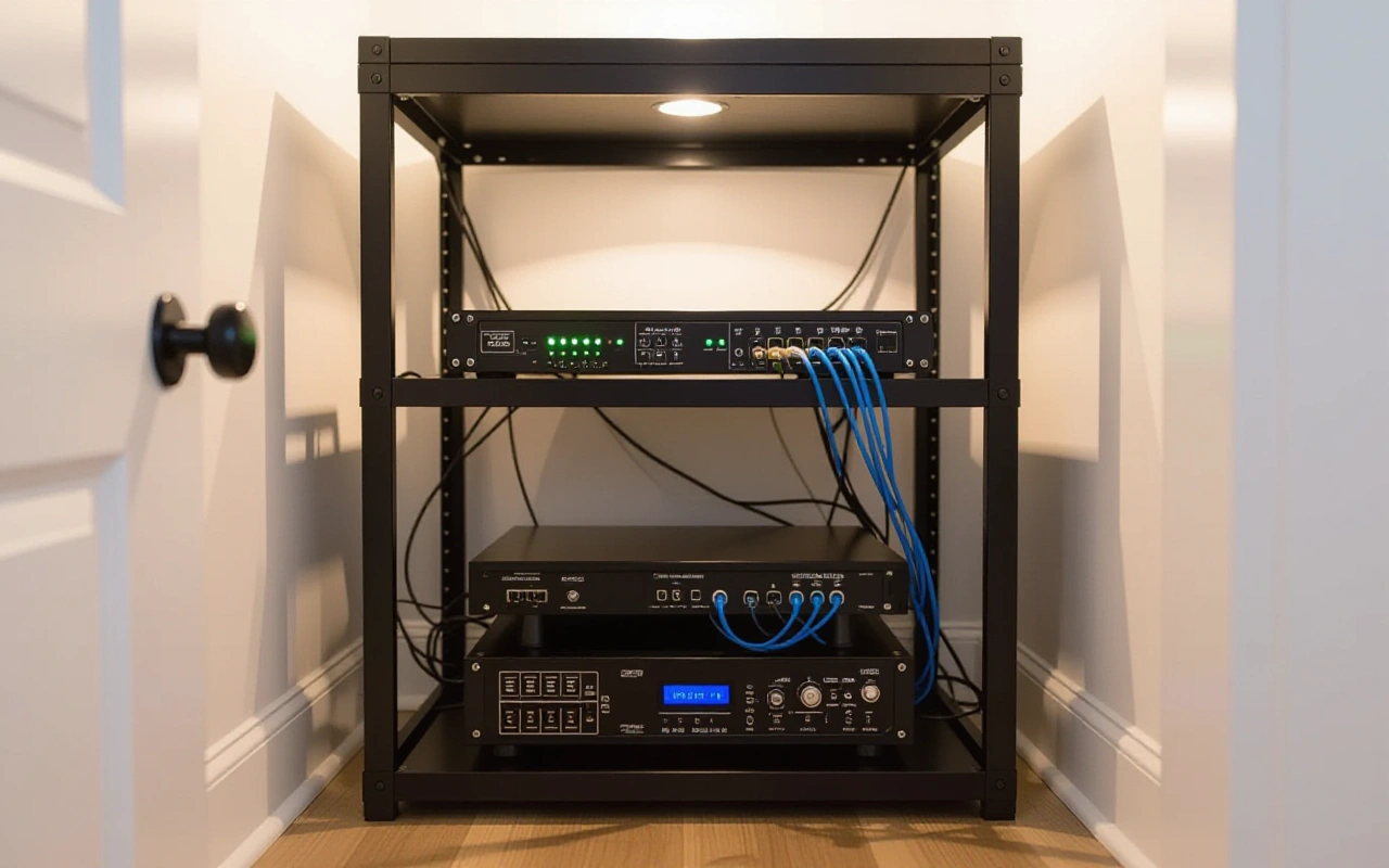 Black equipment rack in a closet with network switches showing green status lights, a patch panel, an amplifier and a battery backup