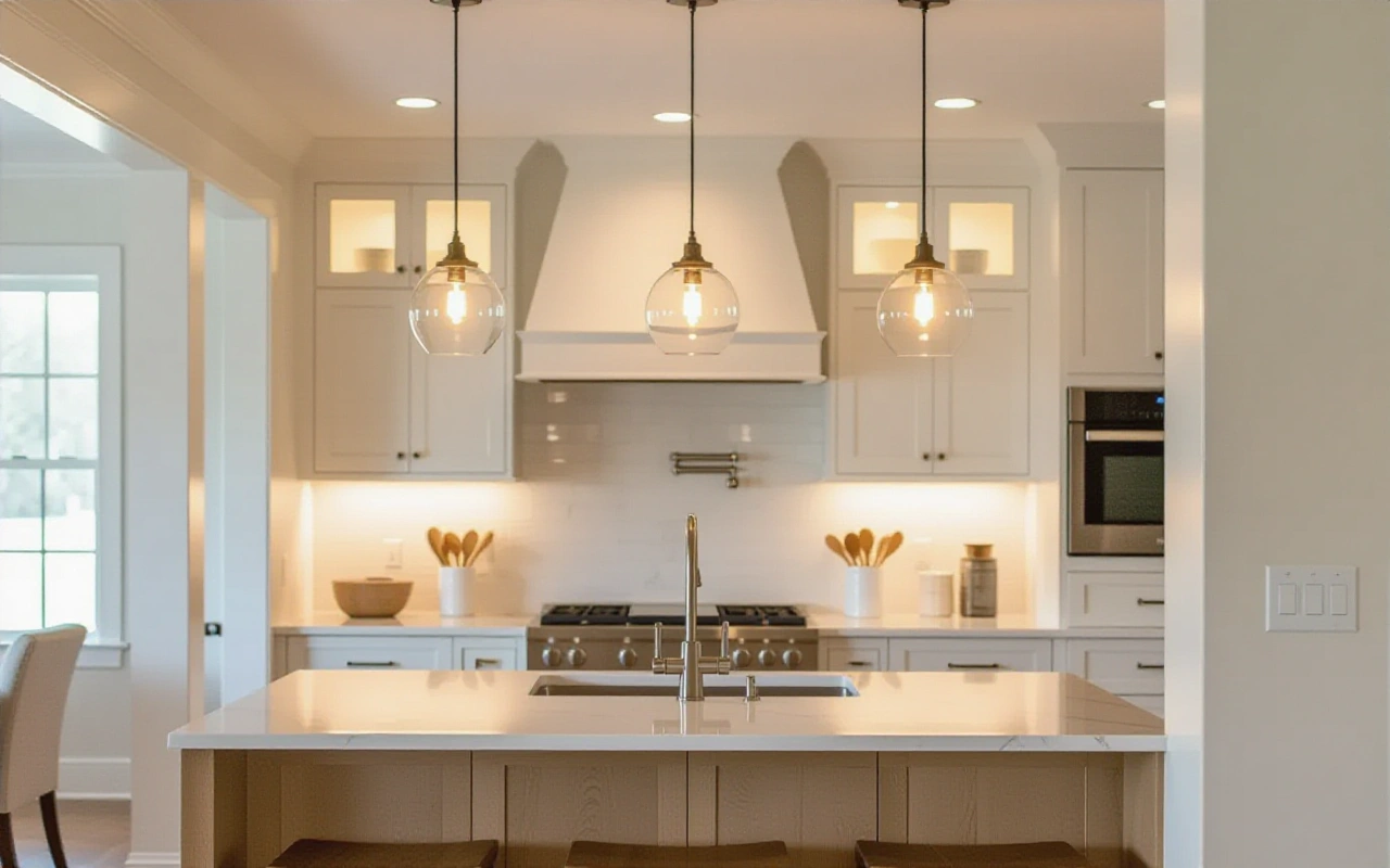 Evening kitchen lit in layers: dimmed recessed lights, glass pendants over the island, glowing cabinets and under-cabinet light, with a wall control by the doorway