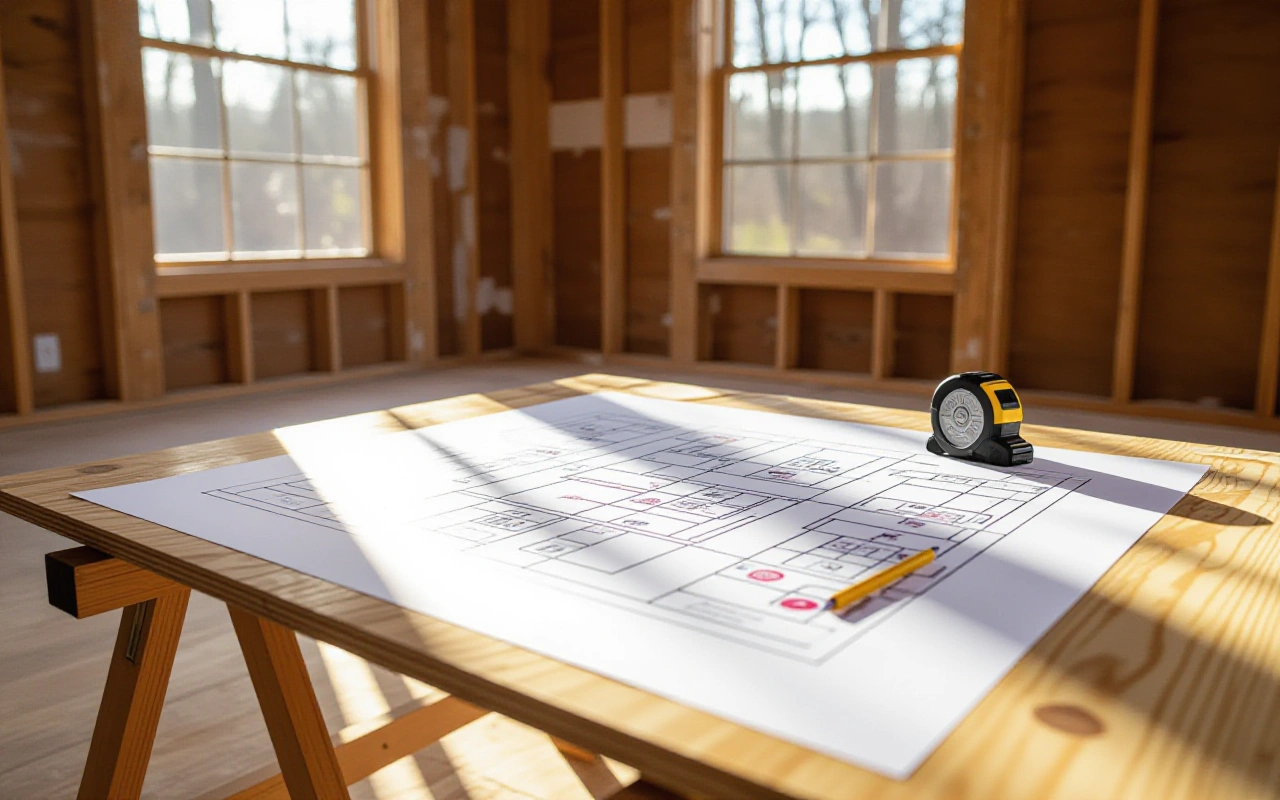 Printed floor plan marked with small speaker, keypad and data-drop symbols, spread on a plywood table inside a framed house