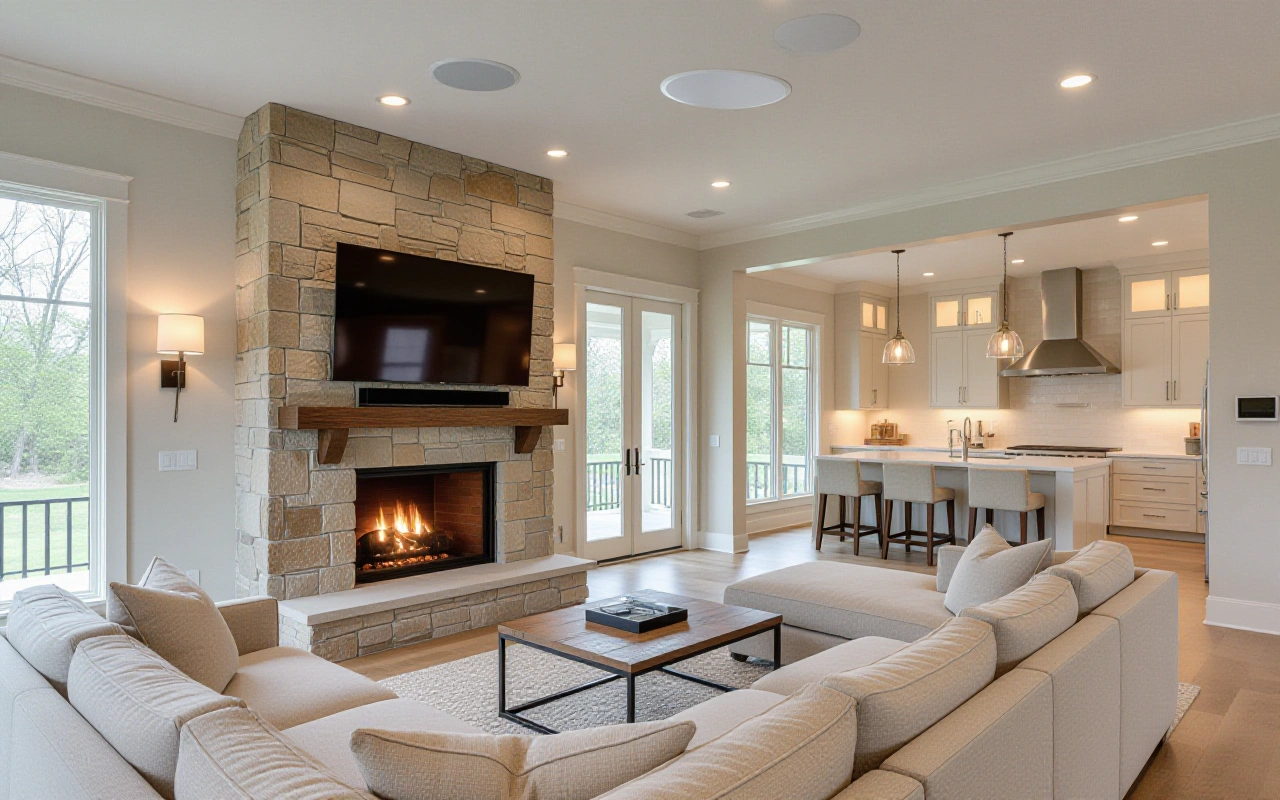 Open living room and kitchen at evening with a TV on a stone fireplace wall, in-ceiling speakers and a wall keypad