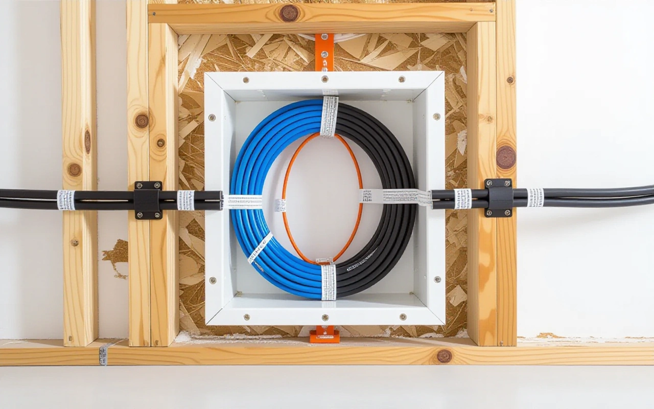 Bundles of blue and white low-voltage cable run through drilled wall studs toward a recessed media enclosure during rough-in