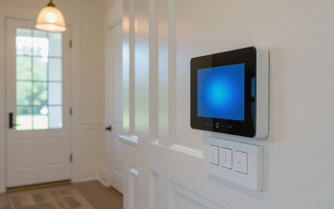 In-wall touch panel above a keypad on a white entry hall wall