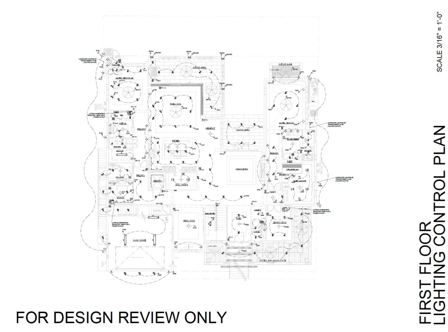 First-floor lighting control plan marked for design review, with fixtures and keypads placed on the floor plan