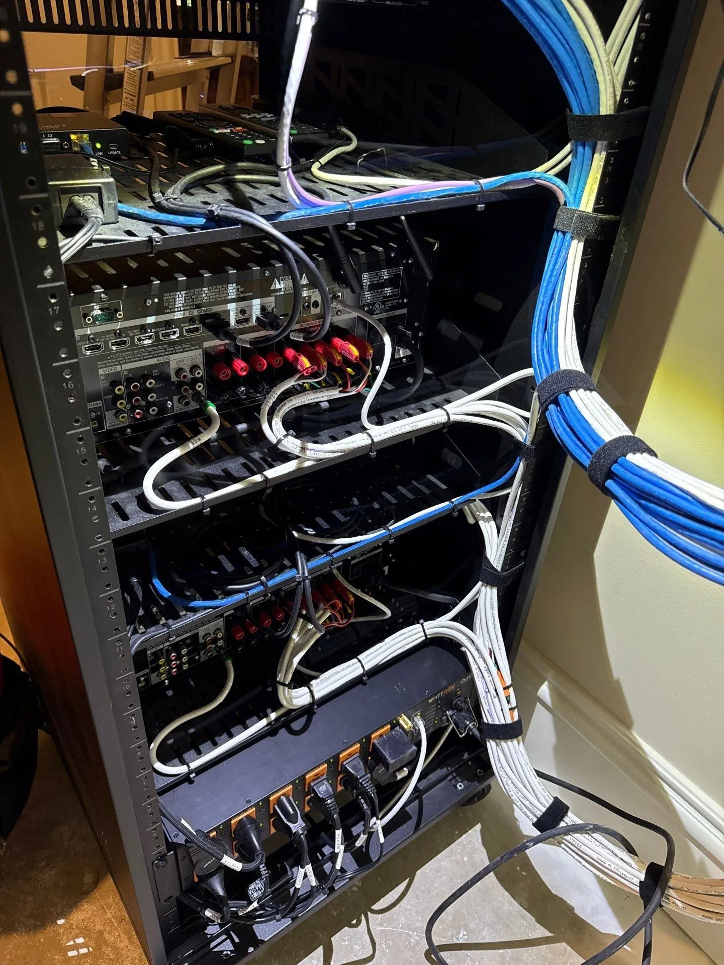Equipment rack with blue network cables dressed into labeled runs at the back